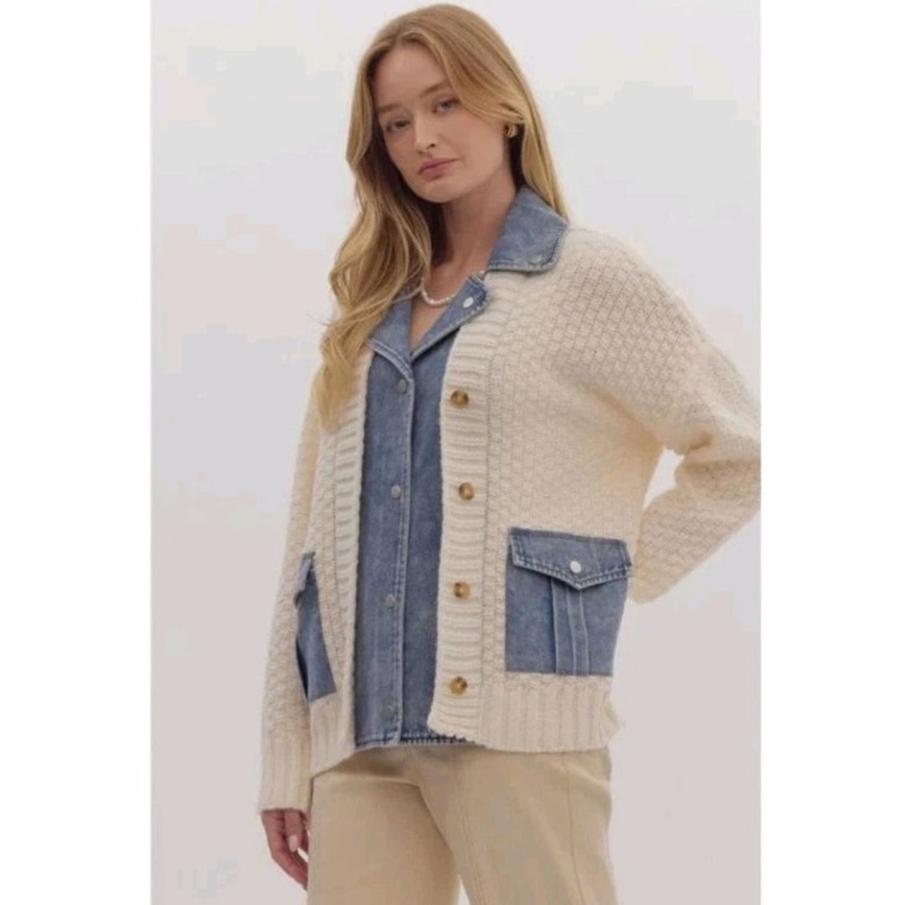 Entro Denim and Crochet Mixed Media Jacket Women Medium Blue Cream NJ25038